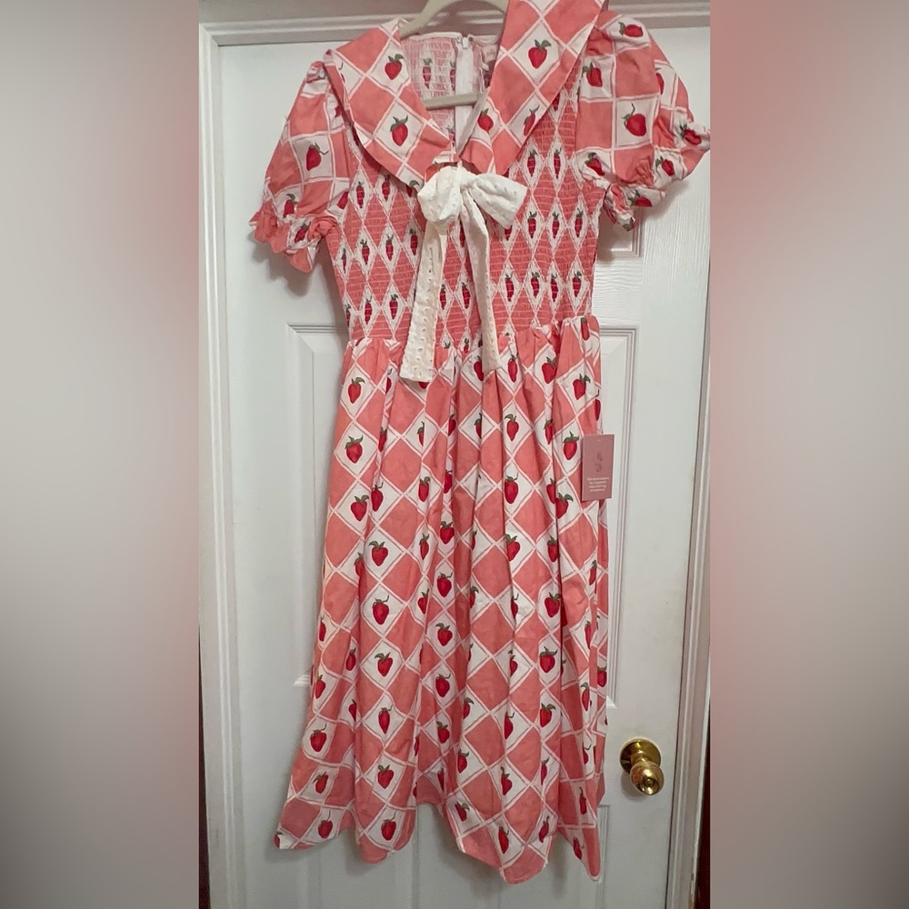 Ivy City Co Alice dress Pink Strawberry-Print Midi Dress with White Bow